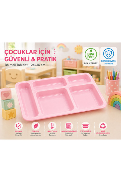 İstanbul Horeca Kırılmaz Polikarbon Çocuk Tabldotu 24x36 cm Pembe| 5 Bölmeli ...