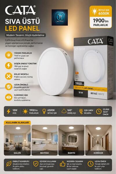 Cata Ultra Parlak 1900 lm LED Panel 18W Sıva Üstü Tavan Lambası 6500K Beyaz