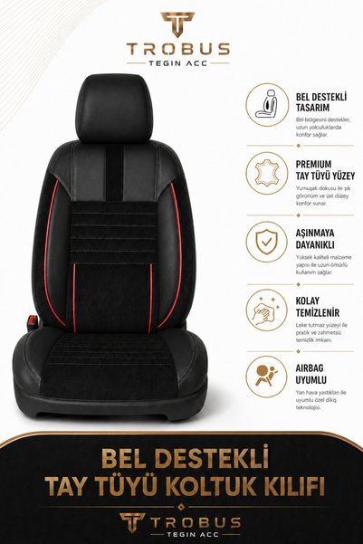 TROBUS Honda Civic FC5 2016-2021 Uyumlu Apex Serisi Tay Tüyü Bel Destekli Siyah Kırmızı Koltuk Kılıfı