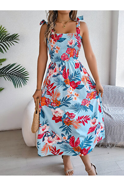 Take Two By Styli Blue Tropical Print Midi Dress