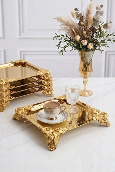 Kitchen Life 6-Piece Butterfly Gold Coffee Presentation Tray with Stand - Lux...