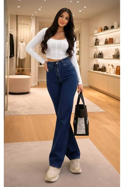 DRC trend Pull Kadın High Waist Dark Blue Loose Jeans Lycra Denim Trousers