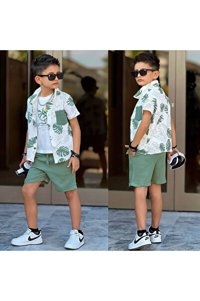 YİGİT BUTİK Boy's Summer Muslin Fabric 3-Piece Set Shirt T-Shirt Shorts Combi...