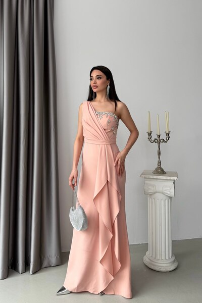 Serica Moda Rochie de seară cu un singur umăr, brodată cu pietre, cu volane, ...