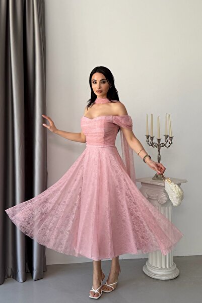Serica Moda Βραδινό φόρεμα μίντι από ύφασμα δαντέλας με λεπτομέρεια σε στυλ μ...