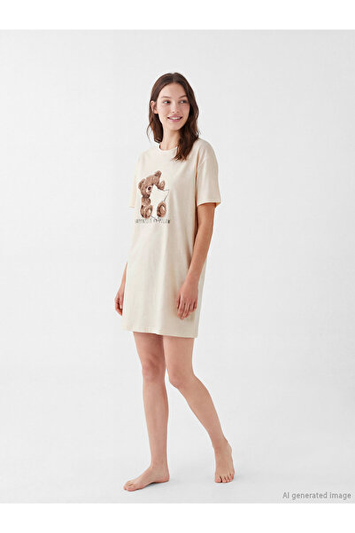 LC Waikiki Crew Neck Bear Teddy Printed Women's Nightdress