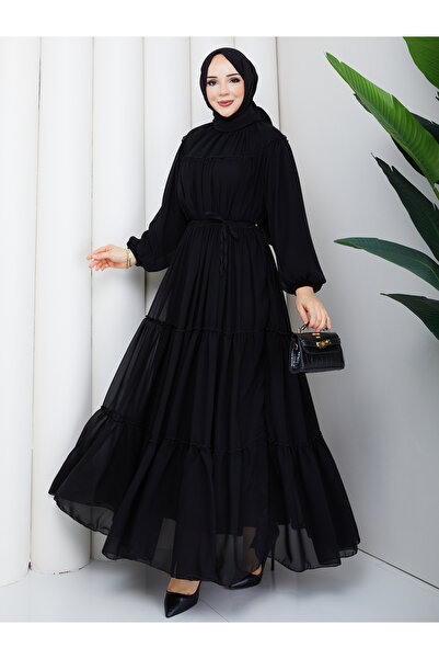 Wual giyim Women's Chiffon Fabric Gathered Layered Hijab Dress