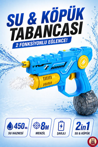 giffy Oyuncak 2’si 1 Arada Şarjlı Su & Köpük Tabancası 450 ml Hazneli 8 Metre...