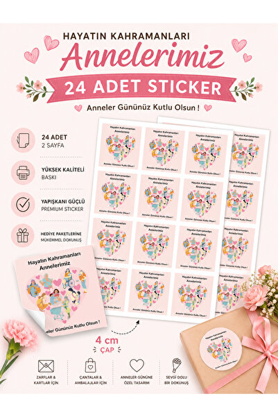 LABELOVE Anneler Günü Sticker Etiket 24 Adet 4 cm Hediye Paketi Süsleme