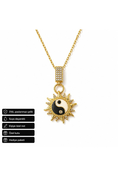 HER ŞEY NOTA www.herseynota.com Yin Yang Güneş Figürlü Kadın Kolye 316L Pasla...