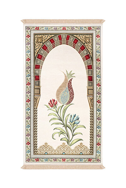 Bursa İpek Cream Mihrap Tulip Pattern Embossed Special Woven Prayer Rug