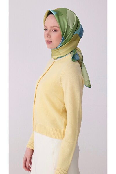 Belli Yeşil Çok Renkli Çiçek Desen %100 Twill İpek Eşarp