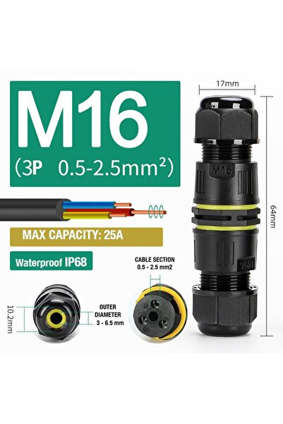 Onuvio Set de 2 bucăți, conector etanș IP68, M16, 3 poli, secțiune 0.5-2.5 mm², diametru 3-6.5 mm