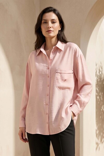Ceremony Pocket Embroidery Detail Front Wooden Buttoned Shirt 196 Pink