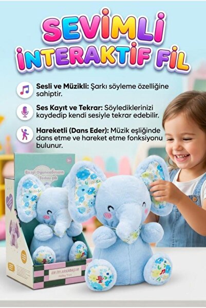 Tıfıl Toys Sevimli Fil Sesli Müzikli Hareketli Kulaklı Ses Kaydeden ve Taklit...