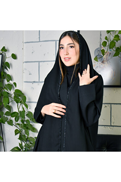 HAWRAA ABAYA طرحة حرير سوداء بحافه مزينة بكريستال اسود