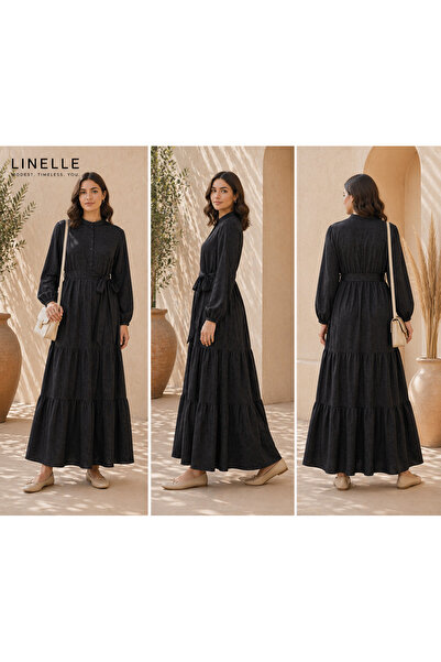 LINELLE Black Tonal Texture Tiered Casual Dress
