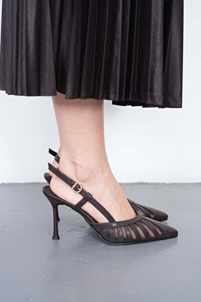 golden heel Brown Women's Stiletto Pointed Toe Strappy Mesh Classic Heeled Shoes