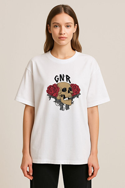 AYDESİGN Tricou alb cu imprimeu Guns'n Roses, cu gât tip crewneck