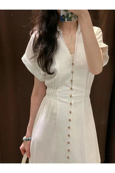 Damee Threads Women’s Premium Linen Button-Down Midi Dress - Breathable Short Sleeve A-Line Summer Dress with Cinched Waist