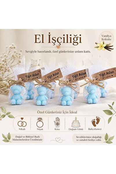 F&A Candle 25 ADET Kişiye Özel El Yapımı Mavi Ayıcık Mum – Vanilya Kokulu Nik...