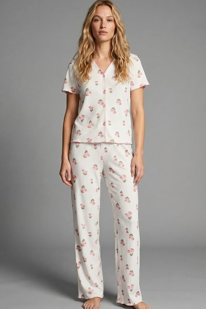 Siyah İnci Ecru Tulip Patterned Soft Touch Summer Ribbed Cotton Knitted Pajama Set 7994