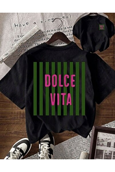 LELVANİ Unisex Dolce Vita Striped Crew Neck Tshirt Black