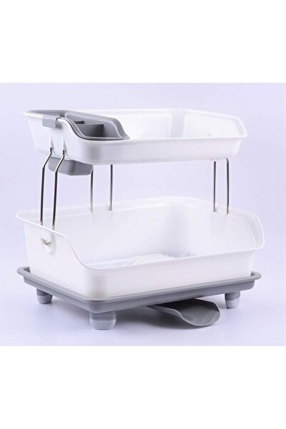 Generic Kitchen Dish Storage Rack, Detachable, Two-Tier, Gray and White, Plastic