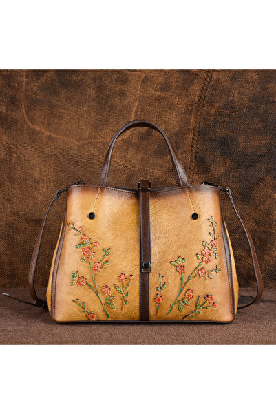 PriStyle Geanta Premium de Piele Naturala pentru Dama, Model Elegant cu Flori...