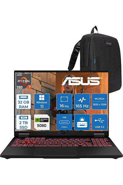 ASUS Tuf Gaming A16 (FA608UM-GAMING) Amd Ryzen™ 7 260 Aı 32GB Ddr5 2tb SSD RT...