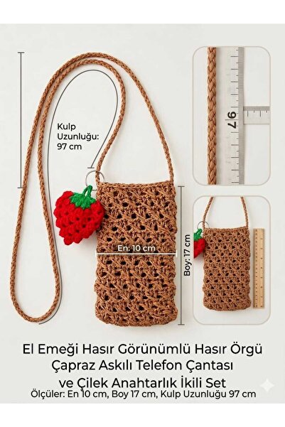 El örgüsü Kağıt İp Telefon Çantası & Çilek Anahtarlık Seti | Yazlık Omuz Askı...