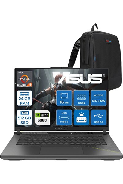 ASUS Rog Strix G16 G614PW Amd Ryzen 9 8940HX Aı 24GB Ddr5 512GB SSD 16GB/RTX5...