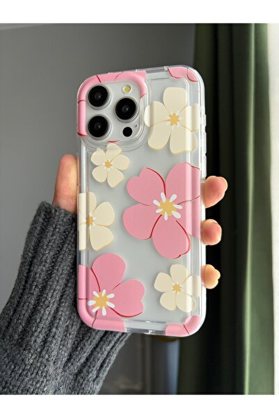 daystar İPhone 15 ile Uyumlu Pembe ve Krem Çiçek Desenli Şeffaf Telefon Kılıfı