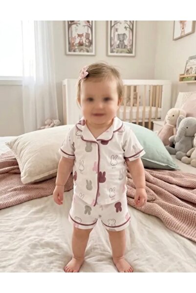 AKİ MODA KİDS %100 Pamuk Tavşan Desenli Kız Bebek Pijama Takımı Kısa Kollu Ya...