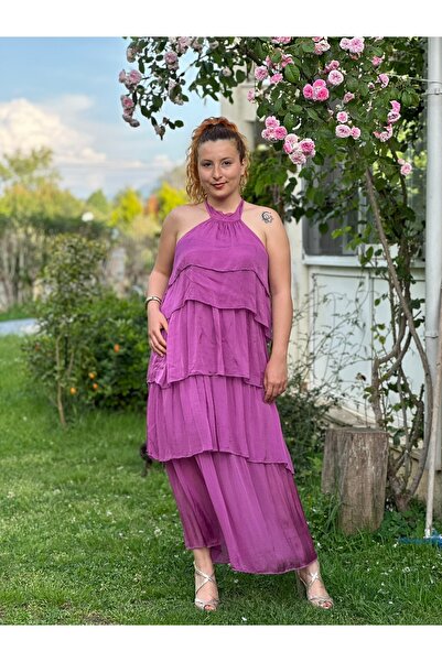 SHOBHA BUTİK BOYUN BAĞCIKLI KAT DETAYLI İPEK ELBİSE