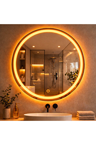 GLOWVİA Mirror Kumlamalı Dokunmatik ve LED Işıklı Yuvarlak Ayna/AMBER
