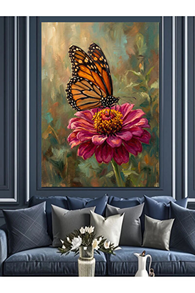 Artmeg Fluture Monarch pe floare roz - Pânză decorativă - Tablou din lemn MDF