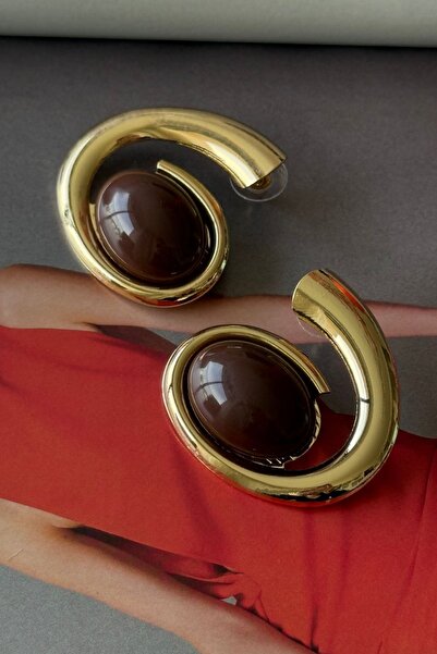 Trendy Butik Brown stone gold plate earrings