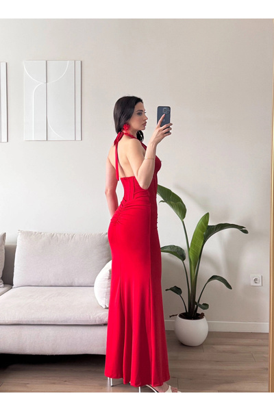 Zoom Butik Bel Korse Maxi Elbise - KIRMIZI