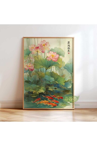 NinaStore Lotus Çiçeği ve Koi Balığı Duvar Sanatı - Japon Botanik Posteri - Z...