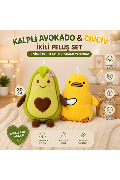 AsefKids Kalpli Avokado & Civciv Peluş Yastık Seti 30 cm – Çocuklara Ve Sevgi...