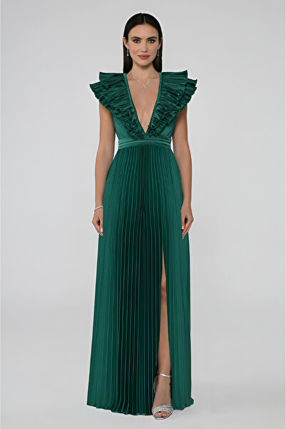 ALFABETA Deep V-Neck Pleated Satin Emerald Green Long Evening Dress