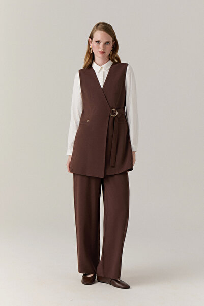 Zühre Sleeveless Double-Breasted Collar Belted Stylish Form-Fitting Brown Sui...