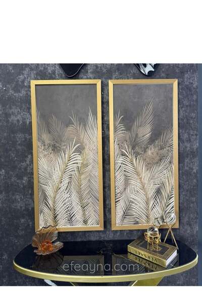 Efe Ayna YAPRAK-GOLD AHŞAP ÇERÇEVELİ-2 Lİ TABLO SETİ-50x110cm (50x110 x 2 ade...