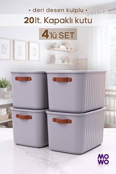 Mowo Home BigBox Kulplu 20 Lt 4' lü Gri Dolap Düzenleyici Saklama Kutusu Sepe...