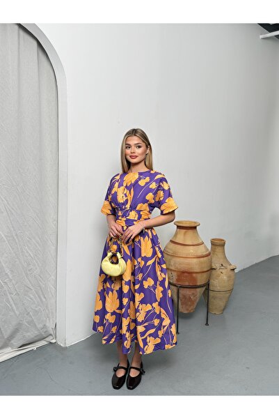 Zey Studio Rochie de damă mov cu imprimeu floral, cu talie marcată și detaliu...