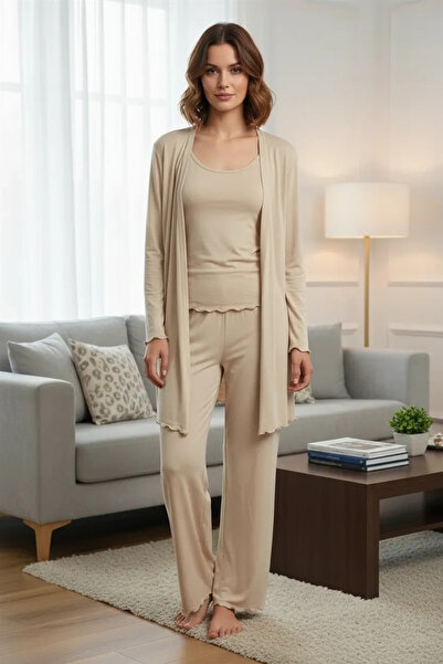 Beruflic Women's Beige Ruffled Soft Textured Flowy Form Pants Stylish Comfort...