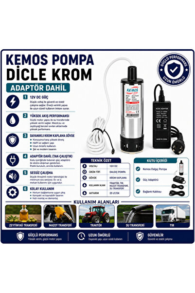 Kemos DİCLE KROM 220-12 Volt Dalgıç Adaptörlü Mazot Aktarma(SIVI TRANSFER) Po...