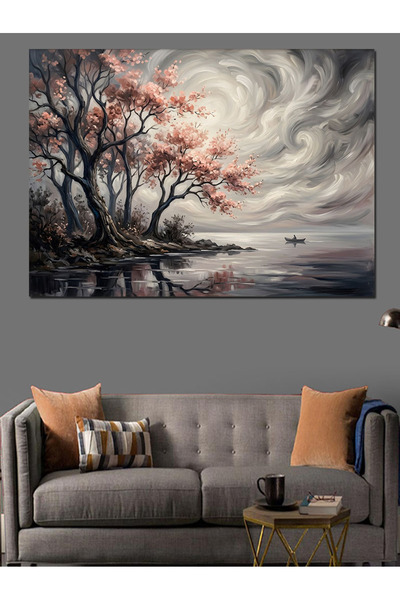 Artmeg Pânză decorativă cu copac cu flori roz pe lacul ceațos - Masă din lemn...