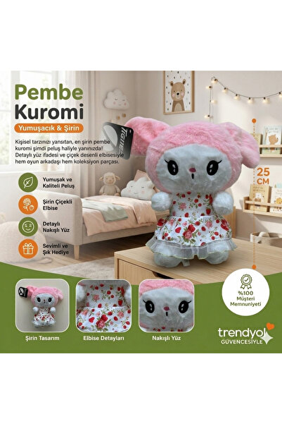 TIGOES Pembe Çiçekli Elbiseli Kuromi Peluş Oyuncak 25 cm Sevimli Sanrio Figür...
